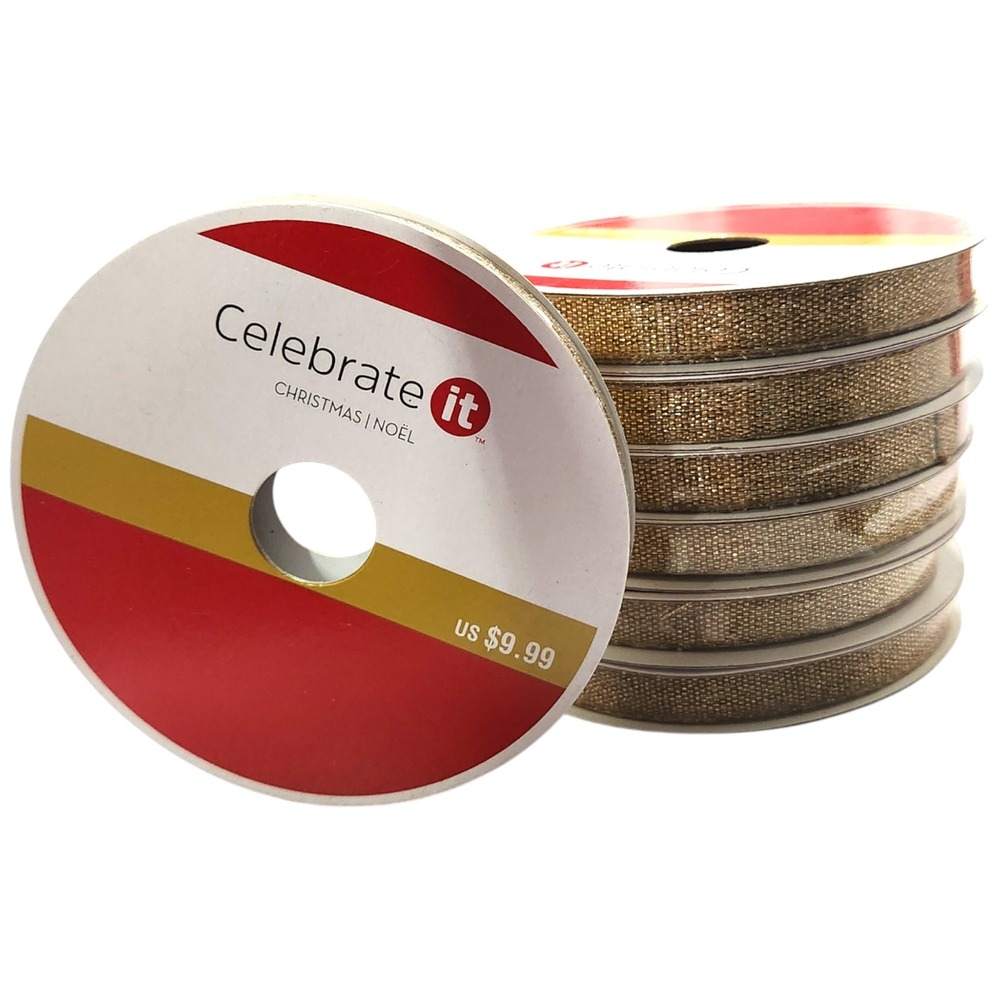 7 PC Set Celebrate It Christmas Ribbon Gold Metallic Ribbon 3/8" x 10 Yd